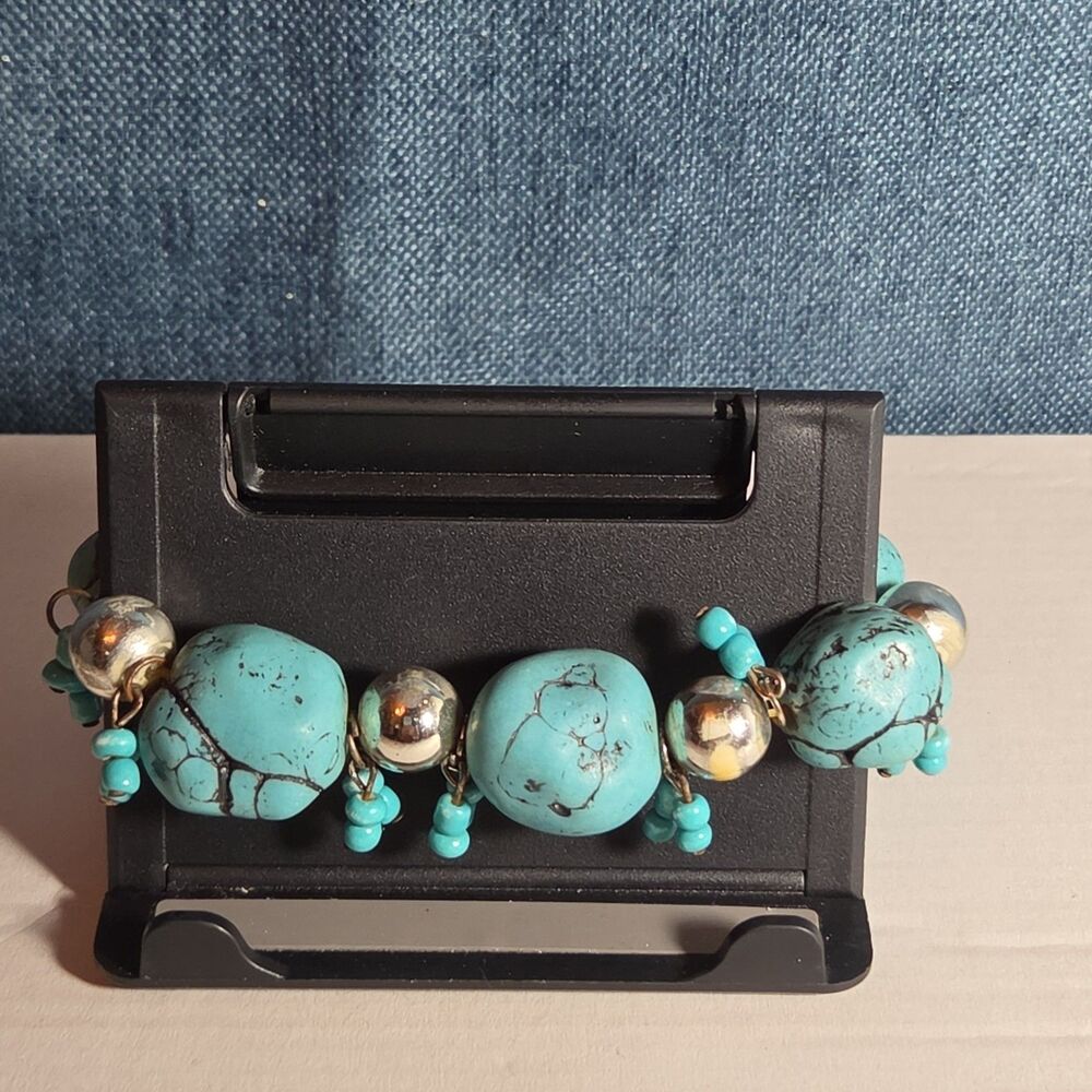 Chunky Faux Turquoise Silver Tone Stretch Bracelet Boho Y2K NWOT - Picture 5 of 16